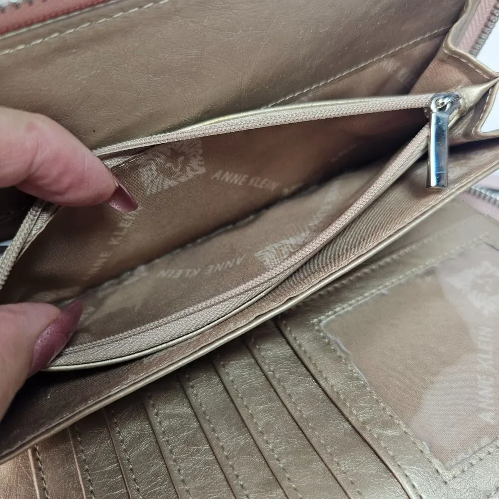Anne Klein Blush Pink Zip Around Wristlet Wallet Clutch Organizer Faux Leather